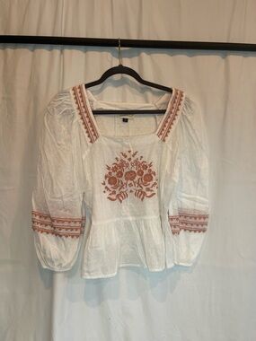 Universal Thread White Blouse with Rust Floral Embroidery